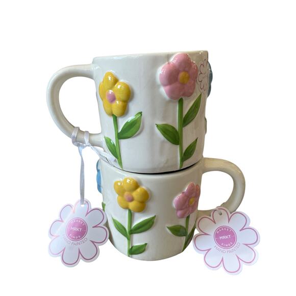 Hand Painted 3D Spring Floral Ceramic Mugs Pink Blue Yellow Set of 2 NEW - Picture 9 of 16